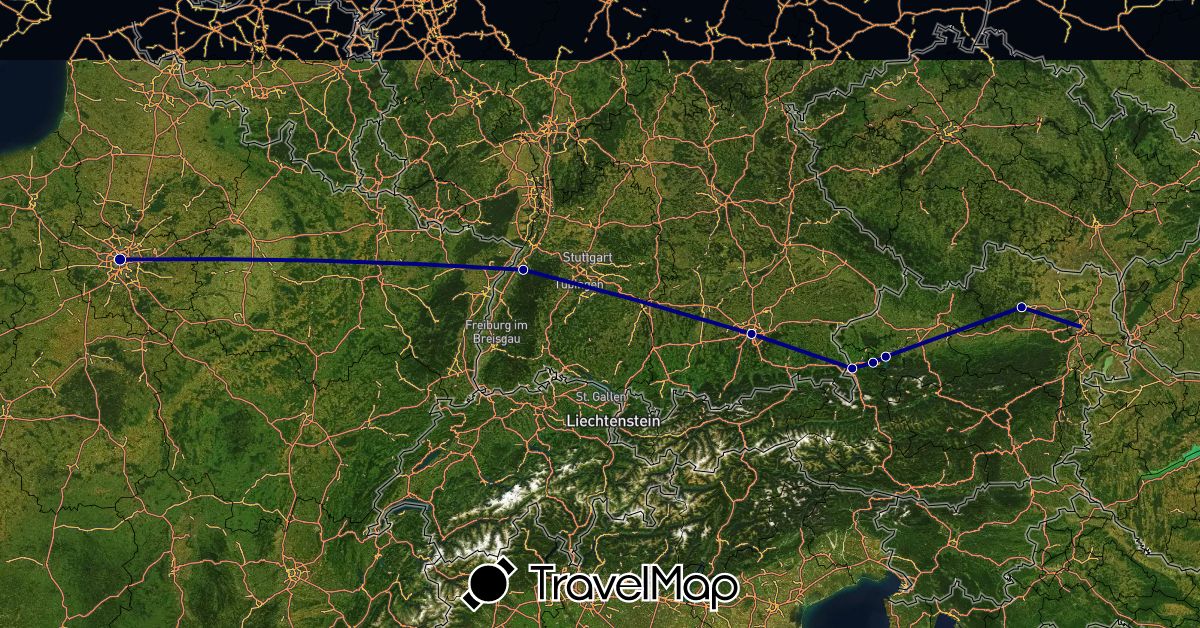 TravelMap itinerary: driving in Austria, Germany, France (Europe)
