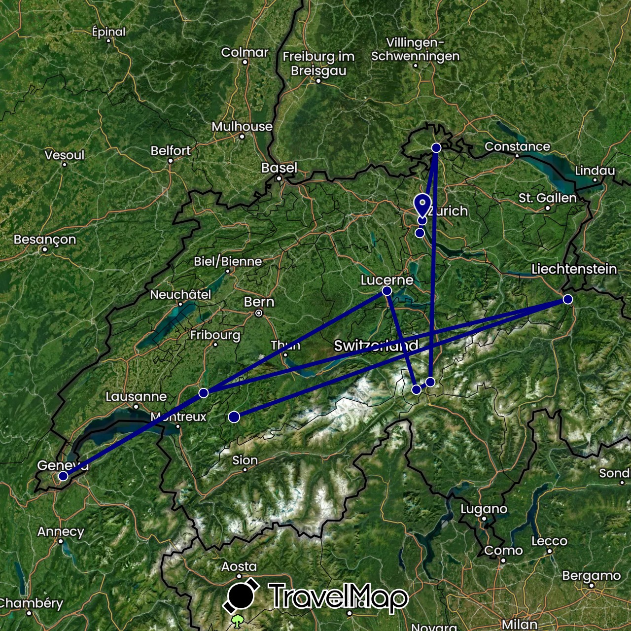 TravelMap itinerary: driving in Switzerland (Europe)